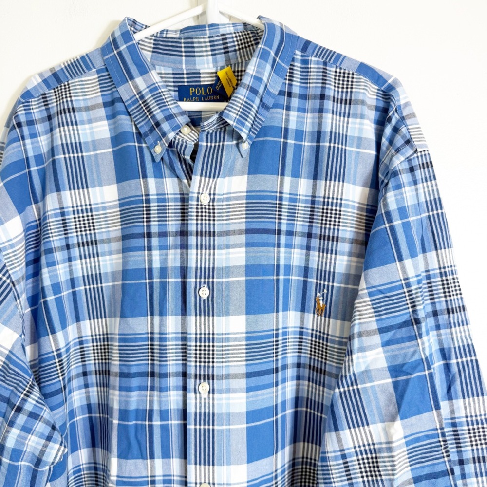 Polo Ralph Lauren Button Down Shirt Mens 3XLT Blue Plaid Long Sleeve Pony Logo